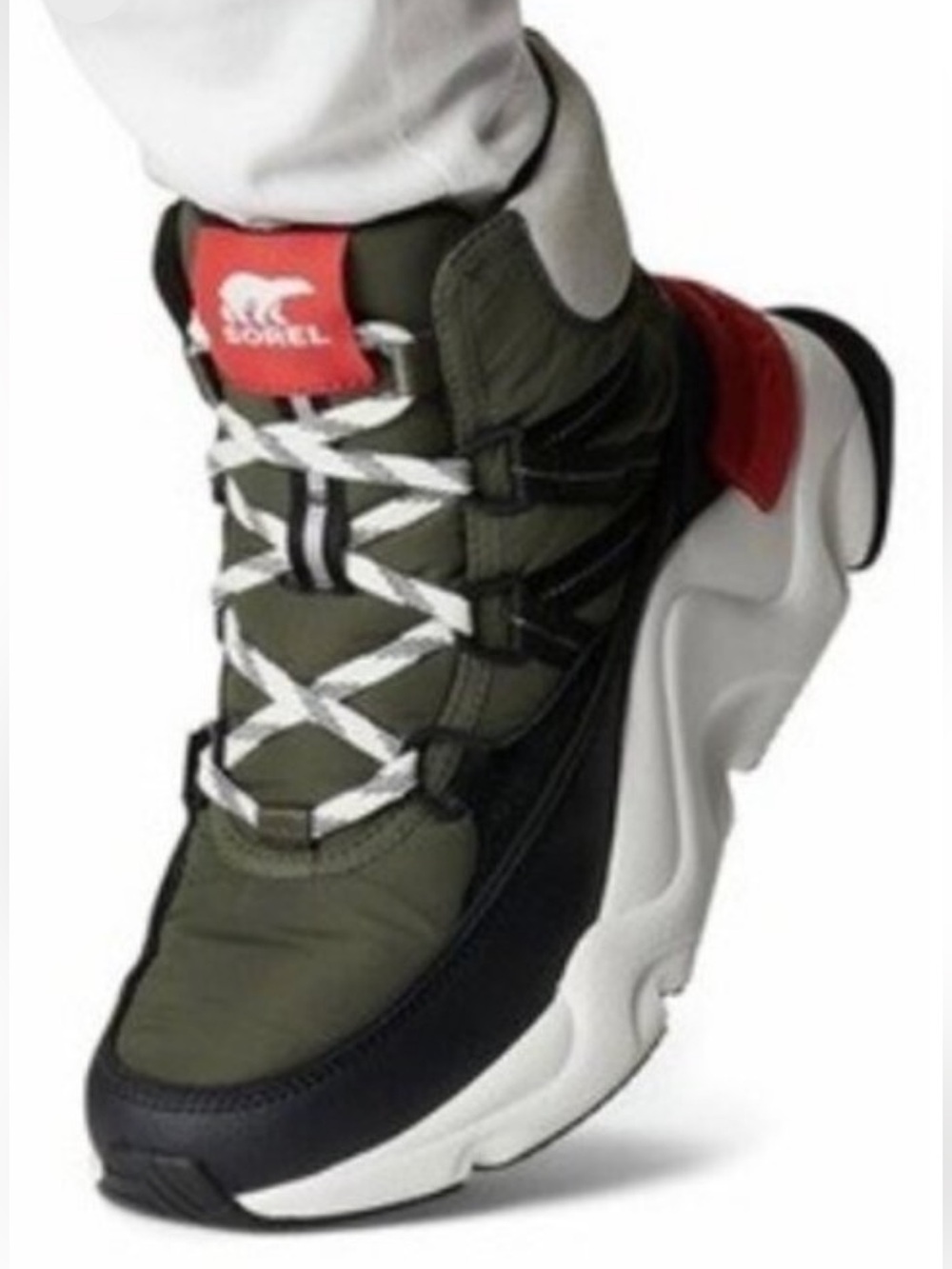 New Sorel Kinetic Rnegd Woman’s Sport High Top Waterproof Sneakers Olive + Black